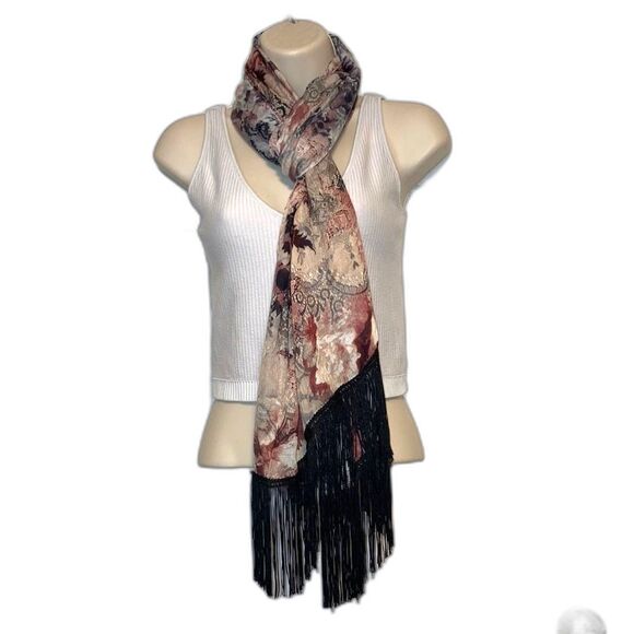 CHICOS Floral and Lace Print Scarf with Black Fringe Womens 20 x 70 inches - Picture 1 of 16